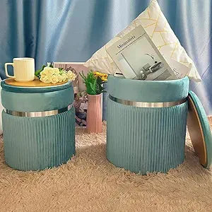 Round Storage Ottoman with Silver Metal Hoop Set of 2 Coffee Table Support 330lbs Vanity Stool with Storage Ottoman Foot Rest (Color5)