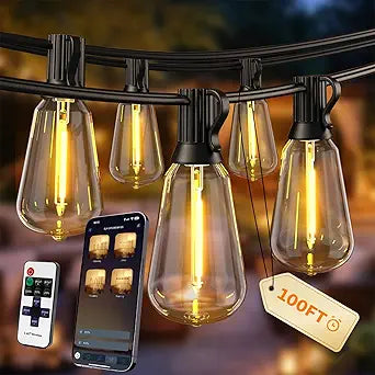 Outdoor String Lights, 100FT Patio Lights for Outside, Smart App & Remote Control with Timer, Dimmable with 4 Scene Modes, Warm White Waterproof LED Bulbs for Garden, Yard and Backyard Decor