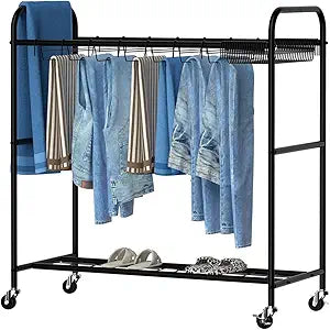 OYEAL Pants Trolley Rolling Pants Hangers Black Pants Rack Stand with 30 Pants Hangers Space Saving Pants Storage Rack with Wheels for Jeans, Scarves, Trousers
