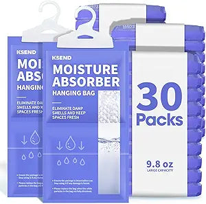 Ksend Moisture Absorbers 30 Pack, 9.8 Oz Compact Dehumidifier Bags & Packs, Moisture Hanging Bag, Humidity Absorbers, Closet Deodorizer Against Musty Odors, 11.8" x 6.3"