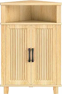 HOOBRO Small Corner Cabinet, Fluted Corner Storage Cabinet with Door, Modern Bathroom Corner Cabinet, Wooden Cabinets Organizer for Kitchen, Entryway, and Living Room, Natural NL118CJ01