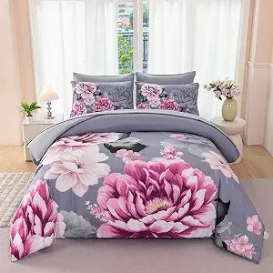 King Size Floral Bedding Set Women Pink Flower Printed on Gray Bed in A Bag Cozy Elegant 7 Pieces Peony Botanical Comforter with Sheets Set(Gray, King)