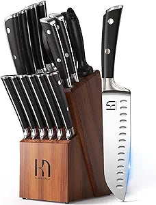KnifeSaga Knife Set, 15 Pcs Kitchen Knife Block Sets with Sharpener, Japanese High Carbon Stainless Steel Set of Knives, Premium Razor Sharp Black Knives Set with Block for Kitchen, Ergonomic Handle