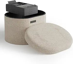 Round Ottoman with Storage for Living Room, 16 Inch Storage Ottoman, Small Ottomans Foot Rest, Boucle Foot Stool Ottomans Max 330lbs, Beige
