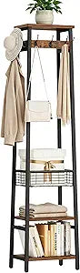Coat Rack Freestanding, Coat Stand with Metal Basket and Storage Shelves, Hall Tree Free Standing with and 7 Hooks, Clothes Rack Stand Organizer, Rustic Brown and Black