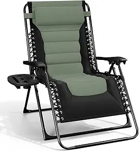 Nestl Outdoor Padded Zero Gravity Chair, Patio Lounge Chair Outdoor Recliner, Oversized Anti Gravity Lounger with Adjustable Headrest and Cup Holder, Foldable for Camping, Yard - Black/Sage Green
