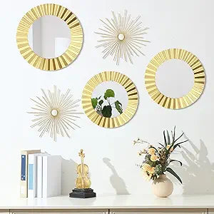 MorningRo 5 Pack Gold Metal Mirrors for Wall Gold Starburst Sunburst Wall Decor Set Metal Round Mirrors Decor Hanging Art Circle for Living Room Bathroom Bedroom Modern Decorative Gifts