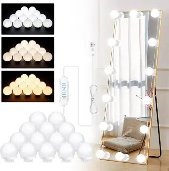 LED Vanity Mirror Lights, 14 Bulbs Hollywood Style Makeup Mirror Lights with 3 Color Dimmable Brightness, Stick On Lights for Dressing Room, Bathroom and Bedroom