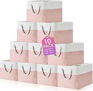 FoldTier 10 Pack Large Collapsible Fabric Storage Baskets with Handles Decorative Storage Bins for Organizing Shelves Toys Clothes (Pink & White,16 x 12 x 10 Inches)