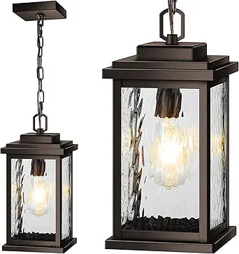 VIANIS Bronze Large Outdoor Pendant Light Fixtures with Water Glass, Anti-Rust Waterproof Hanging Light Fixture with Adjustable Wire, Easy-to-Install Outdoor Hanging Lantern for Porch, Garden, Garage