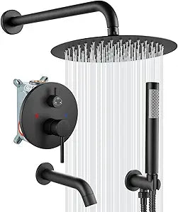 gotonovo Shower System with Tub Spout Wall Mount 3 Function Rough-in Valve Bathtub Shower Faucets Set Complete Rain 10 Inch Round Showerhead Trim Kit Combo, Cylindrical Handheld, Matte Black