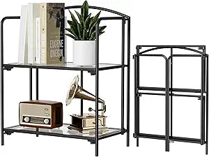 Crofy No Assembly Folding Bookshelf for Living Room, 2 Tier Black Collapsible Book Shelf for Home Office, Portable Bookcase Storage Organizer