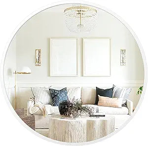 Round Mirror Metal Frame Circle Mirrors Wall Mounted Artistic for Entryway Bathroom Vanity Living Room Bedroom Decoration White 18 Inch