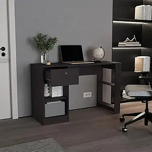 Tuhome 47" Modern Writing Desk with One Drawer and Four Open Shelves, Space-Saving Home Office Computer Desk for Bedroom or Living Room, Sleek Study Table with Smart Storage, Functional Workspace