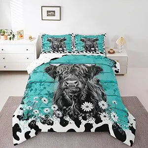 Erosebridal Highland Cow Twin Bedding Set,Teal Western Longhorn Comforter Set for Kids Boys Girls Room Decor,Farmhouse Boho Floral Bed Set Milk Cow Print Bedding Comforter Sets,1 Pillowcase