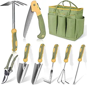 Garden Tool Set, WisaKey 9 Piece Stainless Steel Heavy Duty Gardening Hand Tools Durable Garden Tool Bag Gardening Gifts for Women and Men Fathers Day for Dad Husband