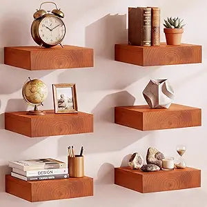 Pinkunn 6 Pcs Floating Shelves for Wall Solid Wood Floating Cube Shelves Rustic Wall Mounted Storage Blocks with Invisible Brackets for Farmhouse Living Room Bedroom Kitchen Decor