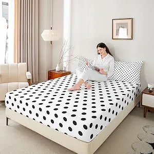 Castle Fairy Polka Dot Fitted Sheet Full Size,White Black Dots Geometric Bedding Set for Kids Teens Bedroom Decor,Modern Simple Art Style Deep Pocket Sheet 3Pcs,2 Pillowcases
