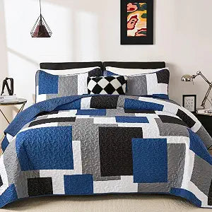 Dobuyly Grey White Blue Quilt Set King Size, Black White Geometric King Quilt with 2 Pillowshams, 3PCs Lightweight Microfiber Bedding Set, Reversible Bedspread Coverlet Set for All Season 110"x90" | Breathable