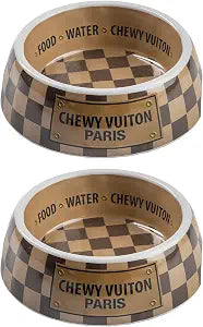 Haute Diggity Dog Checker Chewy Vuiton Dog Bowl, BPA-Free Food & Water Bowl for Small, Medium & Large Breeds, Non-Skid Bottom, Dishwasher Safe, Size Small, Case of 2.