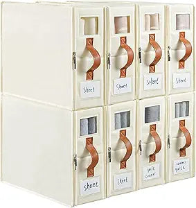 8 Pack Bed Sheet Organizers and Storage,Foldable Sheet Set Organizer with Zipper Lids,Fabric Organizer for Linen Closet with Window,Sheets Storage for XL (Queen & King Size) Bedding Container,Beige