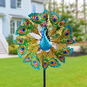 Wind Spinners Outdoor Peacock, 63 Inch Double-Sided Garden Windmill for Yard with 8 Green Feather Blades, Large Metal Garden Wind Spinner