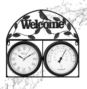 17Inch Large Outdoor Clock,Waterproof Wall Clock with Thermometer,Weatherproof Non-Ticking Quartz Battery Operated Decor Clock for Patio,Garden,Pool,Porch,House Warming Gifts