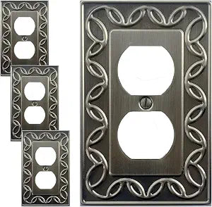 OKAWYC Single Duplex Outlet Cover Plate, 4-Pack Brushed Satin Pewter Antique Nickel NovaBloom Metal Wall Plate 1 Gang, Light Switch Cover, Receptacle Decorative Wallplate Durable