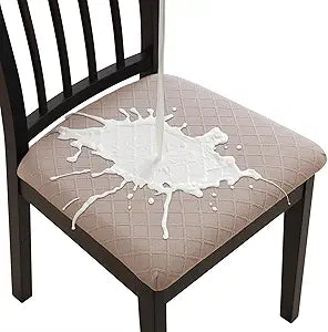 Fuloon Waterproof Seat Cushion Covers 6 PCS, Stretch Jacquard Chair Seat Covers Washable Dining Room Chair Slipcovers Removable Kitchen Cushion Protector (6, Waterproof-Khaki)