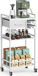 Housolution 4-Tier Coffee Bar Cart with Storage, 33" H Coffee Station Cabinet with Pod Drawers for Nespresso Vertuo, Mini Toaster Oven Stand Table for Home, Kitchen, Living Room (White + Grey)