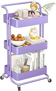 Metal Rolling Storage Cart, 3-Tier Utility Cart with Wheels, Multifunctional Organizer Storage for Kitchen, Bedroom, Office, Laundry Room, Dorm Room Essentials (Purple)