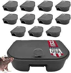 Exterminators Choice Compact Mouse Bait Station - Heavy-Duty Outdoor Mouse Bait Box - Lockable Design with Key - Versatile Indoor & Outdoor Use - Pack of 12, Black, 4.75in x 3.5in x 1.25in