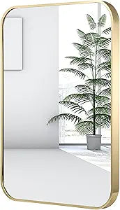 24x36 Inch Gold Bathroom Mirror, Brushed Gold Metal Framed Rectangular Mirror with Rounded Corner, Wall Mounted Vanity Mirror for Bedroom or Living Room, Horizontal/Vertical