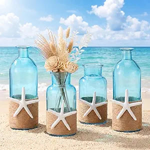 Sliner Set of 4 Coastal Vases Glass Jar for Flower Boho Beach Sea Glass Bottle with Starfish Boho Rope Coastal Cottage Decor for Wedding Home Table Centerpieces Bathroom Floral Arrangement