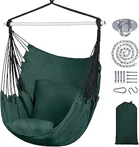 SUNCREAT Hammock Chair Hanging Rope Swing Seat-Max 450lbs Capacity, Extra Large Hanging Swing with Metal Support Bar, Side Pocket, Green