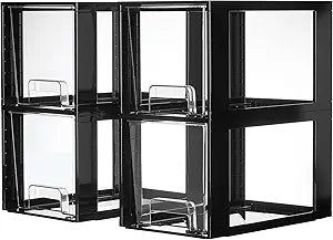 Vtopmart 4 Pack Large Stackable Storage Drawers,Black,Easily Assemble Acrylic Bathroom Closet Undersink Organizers and Storage,Plastic Bins for Kitchen Cabinets,Pantry,Makeup,Medicine Organization