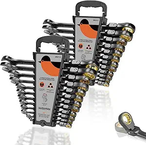 SUZUME 24-Piece Metric and SAE Flex Head Ratcheting Wrench Set 72 Teeth Cr-V Steel Ratcheting Wrench Set with 180 Flex Head Ratchet Wrenches Set For Auto,Machine Repair