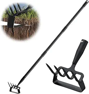 Garden Hoe, Heavy Duty Hula Hoe Garden Tool for Weeding, 62 Inch Cultivator Stirrup Hoe with Adjustable Long Handle, Action Scuffle Loop Hoe with Rake 2-in-1 Gardening Tool for Loosening Pulling Weed