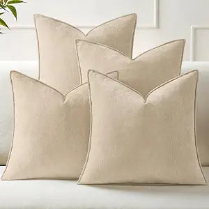 decorUhome Summer Set of 4 Beige Couch Throw Pillow Covers 20x20, Decorative Soft Neutral Chenille Pillow Covers with Elegant Design for Living Room Bed Sofa