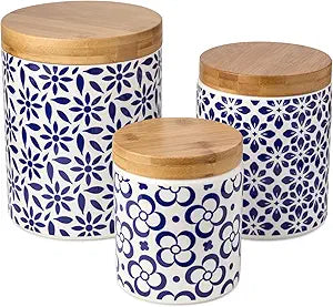 Madison 3pc Canister Set - Premium Porcelain with Bamboo Lids, Blue and White Patterns - Large 96 oz, Medium 80 oz, Small 30 oz - Perfect for Pantry Storage and Organization