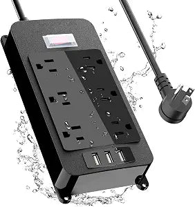 Outdoor Power Strip Weatherproof, 4 Wide AC Outlets Heavy Duty Surge Protector with Flat Plug, Waterproof Shockproof Extension Cord with 2 USB c Port and 1 USB a Port, 6 Ft Cord, (Black-6AC-3A)