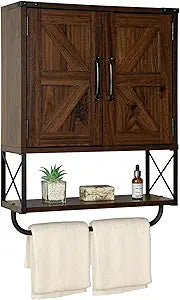 RUSTOWN Farmhouse Medicine Cabinet with 2 Barn Door,Wood Wall Mounted Storage Cabinet with Adjustable Shelf and Towel Bar, 3-Tier Bathroom Cabinet for Bathroom, Living Room(Dark Walnut, Medium)