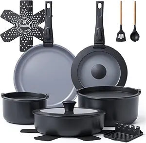 Ammeloo 18-Piece Ceramic Pots and Pans Set Non Stick, Non Toxic Cookware Set with Removable Handles, Pot Sets for Cooking, Induction Ready, Dishwasher & Oven Safe, PFAS PFOA & PTFE Free (Black)