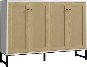 Panana Sideboard Accent Storage Cabinet with Rattan Decorated 4 Doors Dining Room Freestanding Kitchen Buffet Table Cupboard (White)