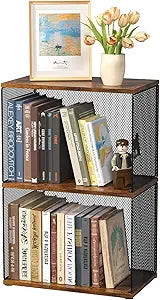 Dmevkic Small Bookshelf 2 Tiers Bookshelf for Small Spaces DIY Variable Stackable Cube Storage Organizer for Kid Bedroom,Living Room, Black Brown Wooden,2 Tiers Non-Detachable