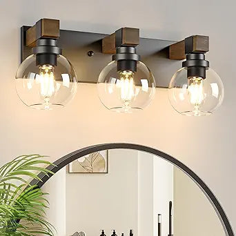 Farmhouse Bathroom Vanity Light Fixtures, 3-Light Wood Bathroom Light Fixtures Over Mirror, Rustic Vanity Lighting with Glass Shade for Living Room, Bedroom, Hallway