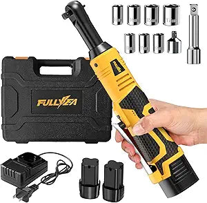 FULLYEA 3/8" Cordless Electric Ratchet Wrench Set, 550RPM, 40Ft-lbs, 16.8V Extended Power Ratchet Tool Kit with Variable Speed, 1/4" Adapter, 3" Extension Bar, 2*2.0Ah Battery and Fast Charger(Yellow)
