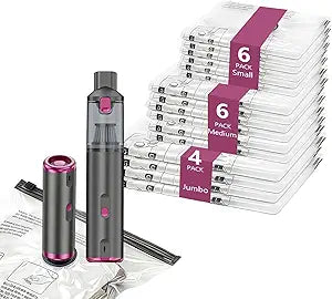 Travel Vacuum Bags with Rechargeable Electric Pump, 2-in-1 Handheld Vacuum Kit with 16 Pack Vacuum Seal Bags for Clothing, Efficient Portable Storage Bag for Travel Essentials