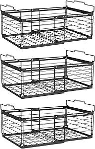 NADAMOO Freezer Organizer Bins, 3 Packs Large Expandable Stackable Chest Freezer Containers with Handle, Metal Adjustable Storage Baskets for Fridge, Deep Freezer, Cabinet, Kitchen, Pantry - Black
