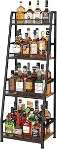 4-Tier Trapezoid Liquor Stand for Home Bar, Stepped Wine Rack Freestanding Floor Liquor Cabinet for Whiskey Wine, Versatile Corner Wine Bottle Display Stand with Fences, Vintage BrownPatent Pending
